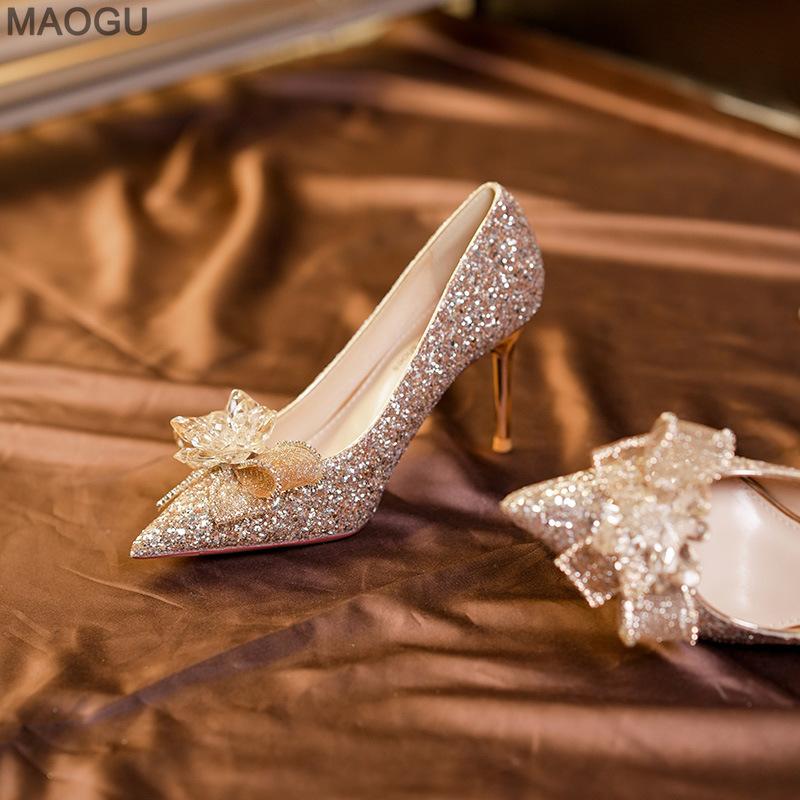 

Gold Glitter Stiletto Heels Pointed Toe Pumps Crystal Bow Elegant Bridal Wedding Shoes Dress Shoes Prom Footwear Sandals Size 34 40