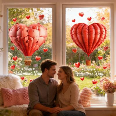 Hot Air Balloon Window Cling Happy Valentine's Day Heart Shape Balloon Static Glass Sticker Waterproof Wedding Holiday Party Window Decoration Decal