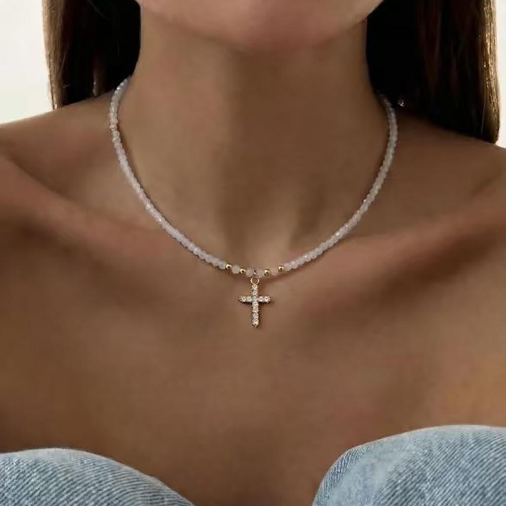 Retro Beaded Cross Pendant Necklace for Women Elegant Turquoise Beads Chain Choker Neck Statement Party Vintage Jewelry Gift