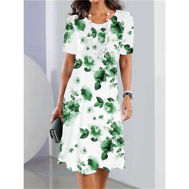 Women's Elegant Woman Clothes Evening Midi Dress Crew Neck Short Sleeve Casual Dress Shift DressFemale Clothing Casual Floral