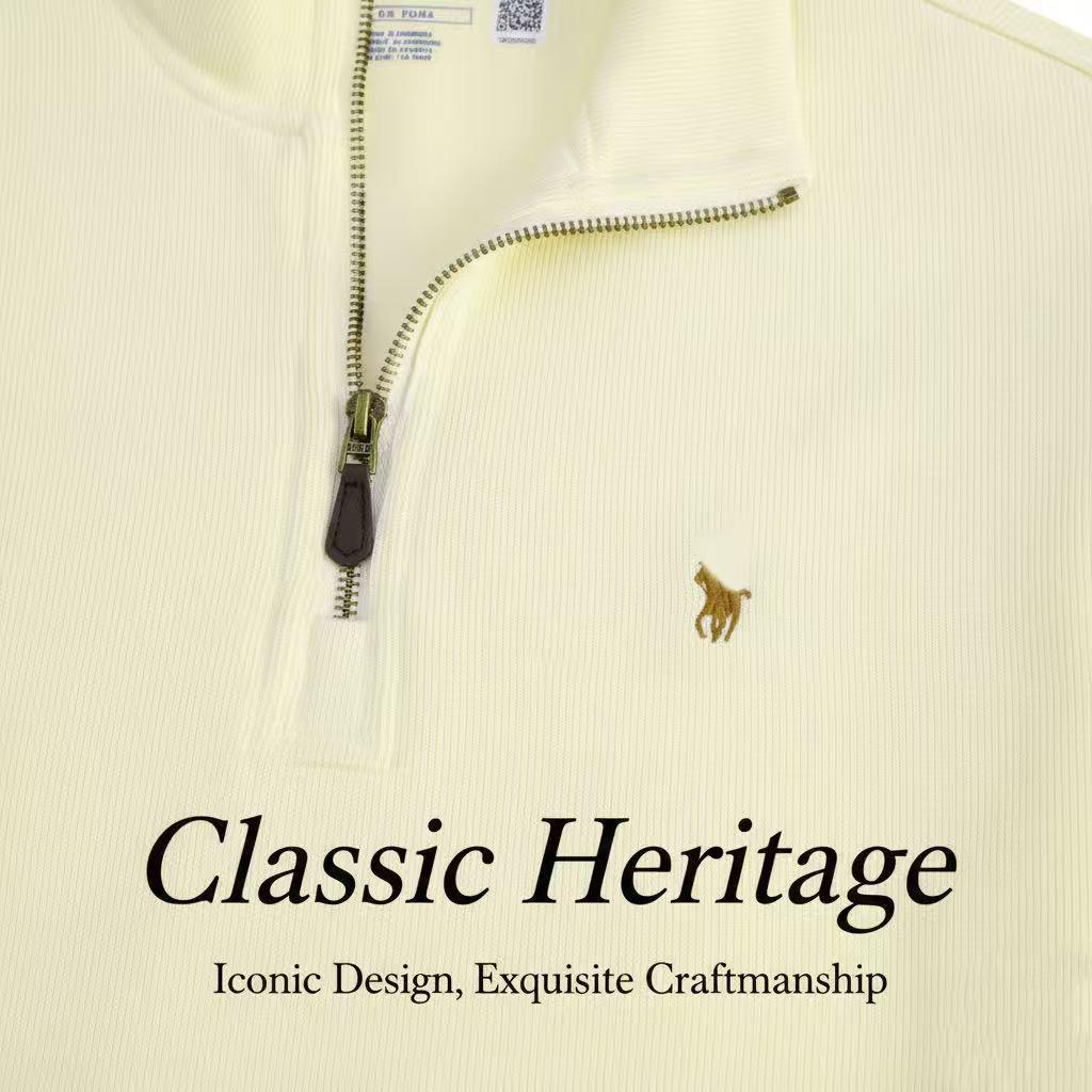 סריג גברים RL עם רקמת פוני וחצי רוכסן - סתיו חדש, סוודר קז'ואל רפוי ורב-תכליתי