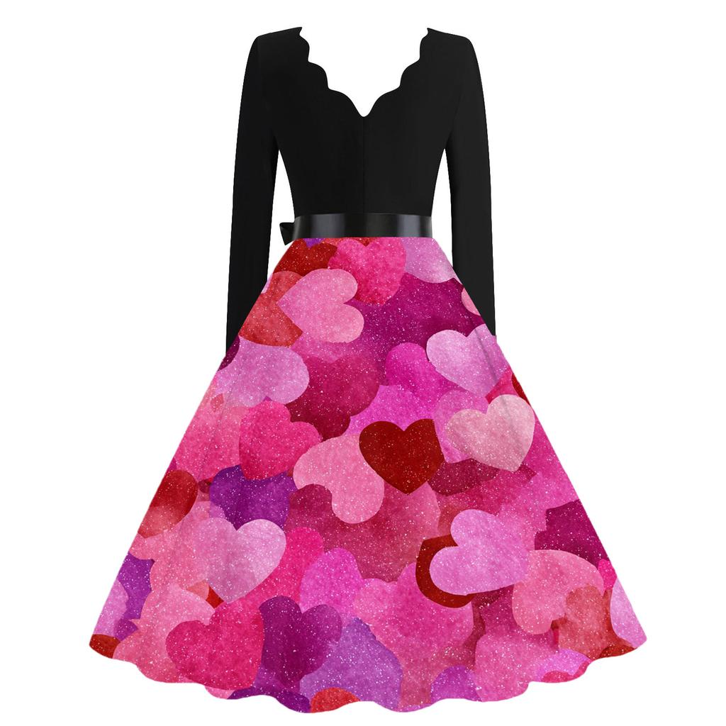 Damen Casual Mode V-Ausschnitt Valentinstag Print Retro Kleid