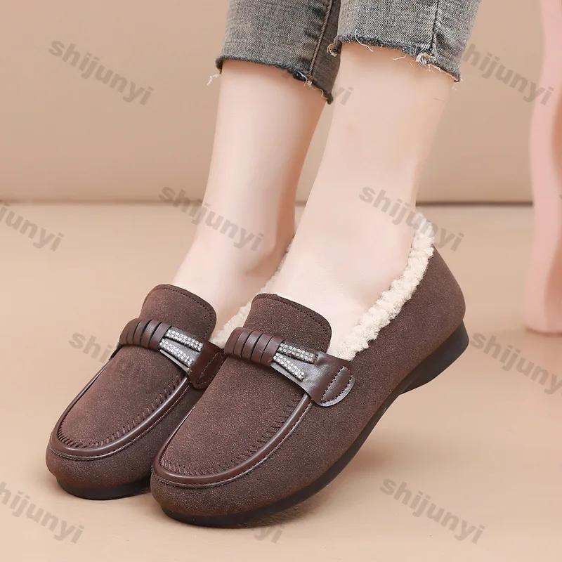 Winter Slip On Thick Plush Flats Shoes for Women Comfort Warm Casual Flat Non-slip Cotton Shoes Woman Solid Color Soft Sole Shoe