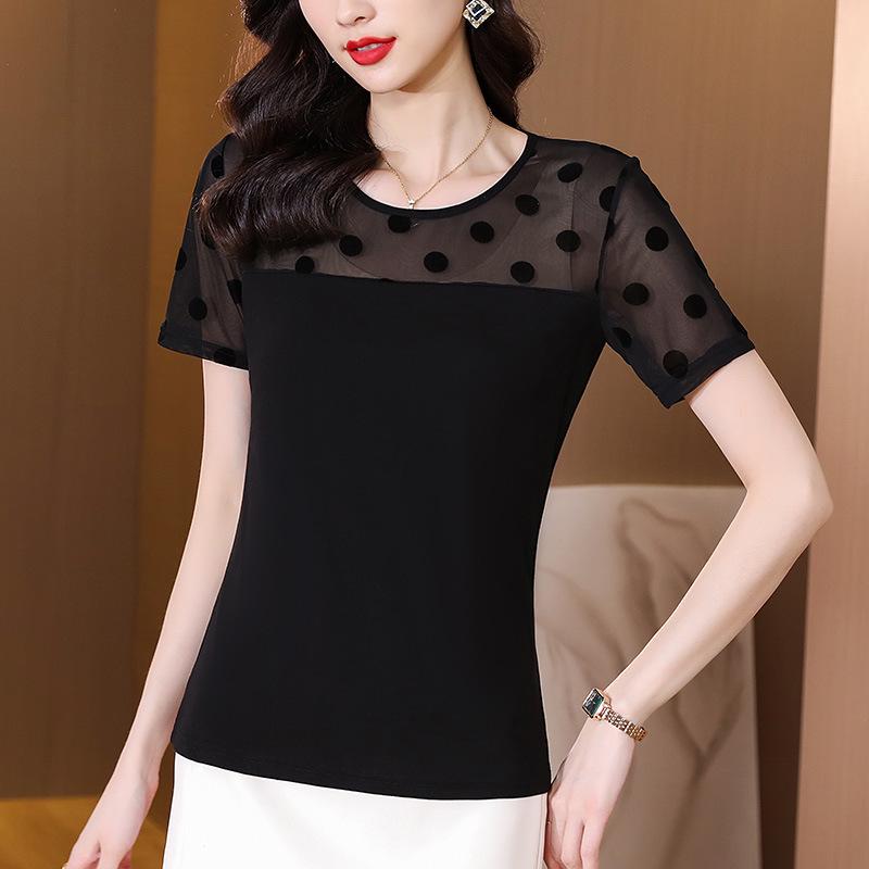 2022 Summer Mesh Short Sleeve Top: Chic Hollow Modal Base Round Neck Blouse