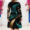 Women Plus Size V Neck Long Sleeve Printed Black Teal Gold A Line Dress