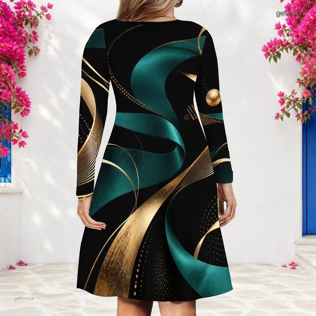 Women Plus Size V Neck Long Sleeve Printed Black Teal Gold A Line Dress