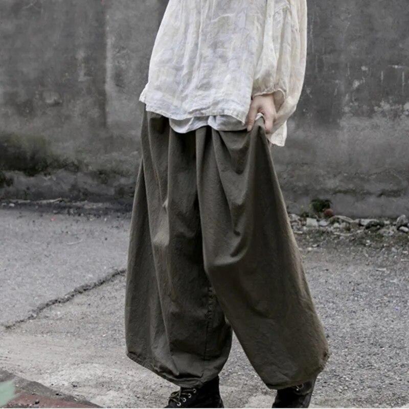 Johnature Women Cotton Vintage Wide Leg Pants Elastic Waist Loose Olive Grey Autumn Trouser Women Casual Soft Pants