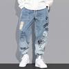 Trendy Korean-style Men's Casual Summer Jeans, Loose Fit with Cuffed Hem – Versatile and Popular Internet Celebrity Style.