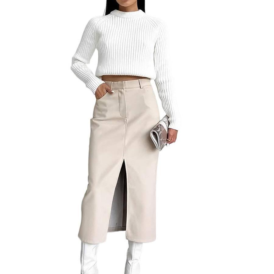 Autumn Winter Vintage Fleece-Lined PU Leather Skirt with Slit Design Women's Half Skirt