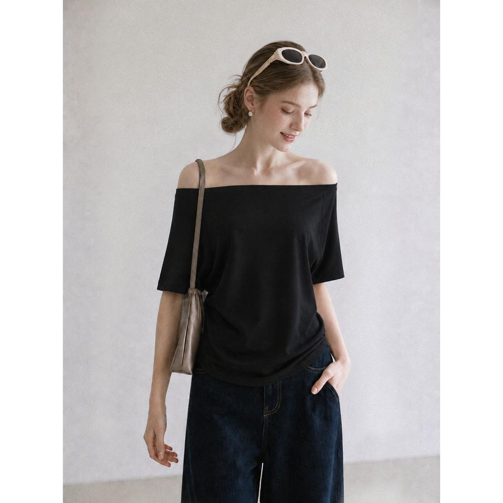 Pure desire wind one-word collar off-shoulder solid color short-sleeved T-shirt women's summer lazy wind loose and thin Spice Girl casual top