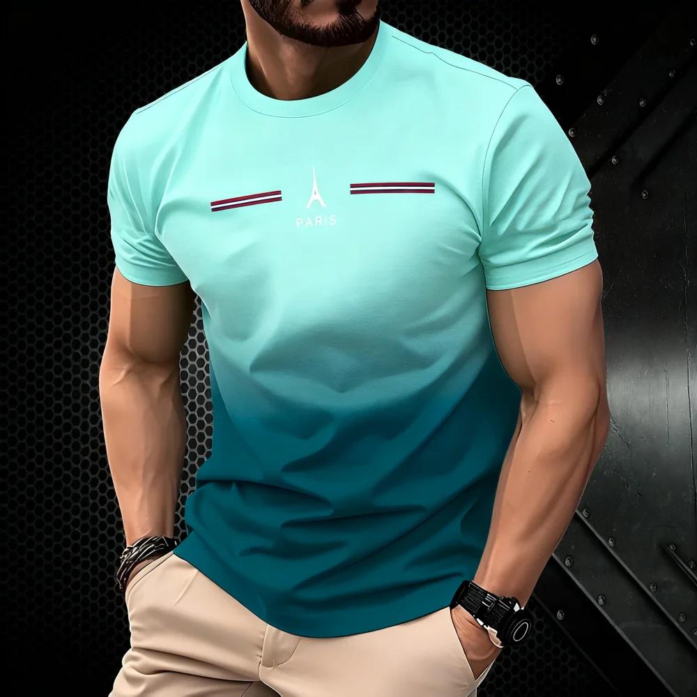 Summer Men's Clothing 3D Gradient Simple Paris Printed Men's T-Shirt Daily Fashion Oversized  Sports Round Neck Short Sleeve Top