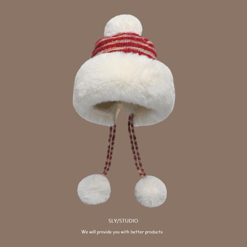 

Women s Wool Hat In Autumn and Winter Cute Wool Ball Ear Protection New Plush Warm Lei Feng Hat Ball Lace Knitted Hat One size
