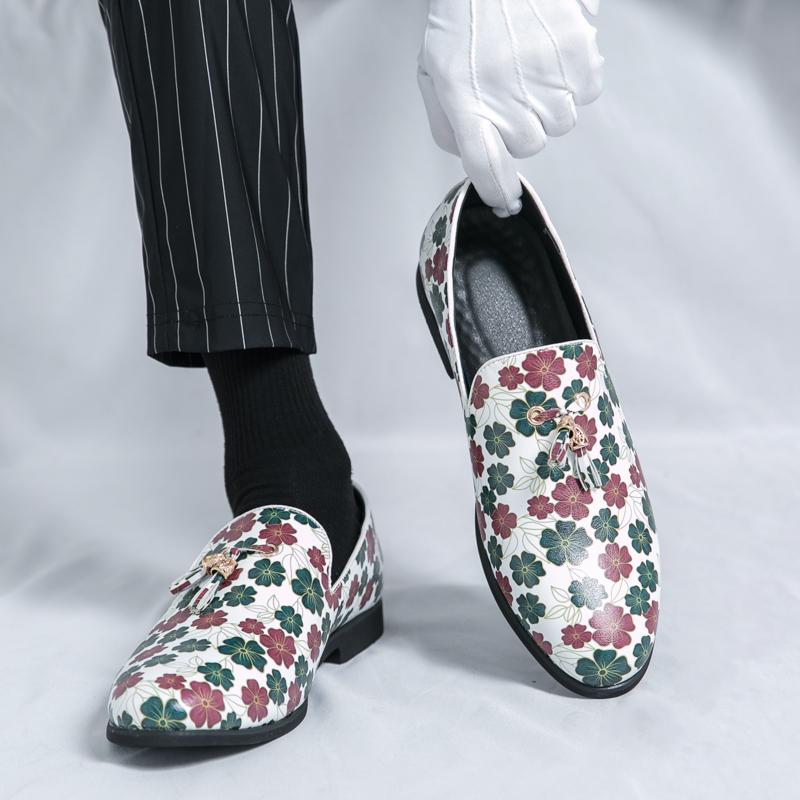 New Handmade Fashion Flower Print Men Loafers Oxfords Shoes Wedding Party Evening Shoes Male Large Size 46 Business Formal Shoes