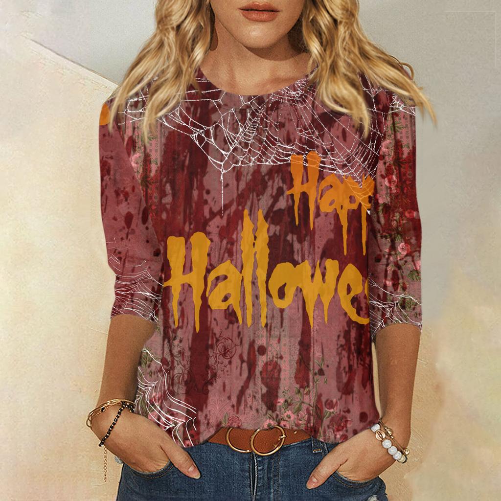 2024 New Women's Halloween Long Sleeve T-Shirt Spider Web Print Round Neck Casual Basic Loose Ladies Designer Tops