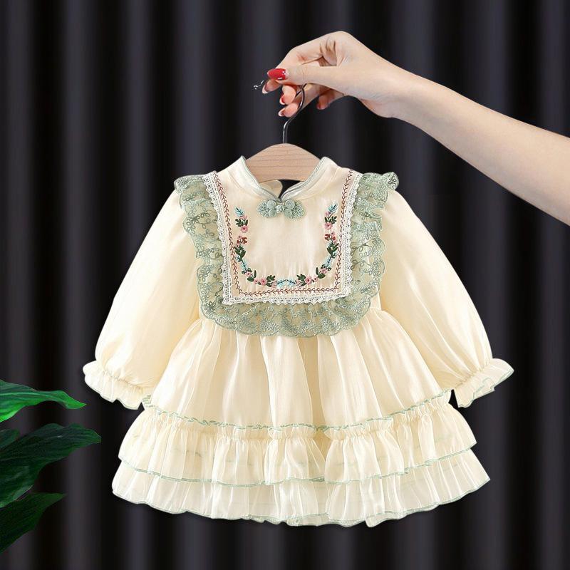 Children's Clothing Girls' Dress Autumn and Winter Children's Chinese Lace Embroidered Long Sleeved Princess Dress Baby