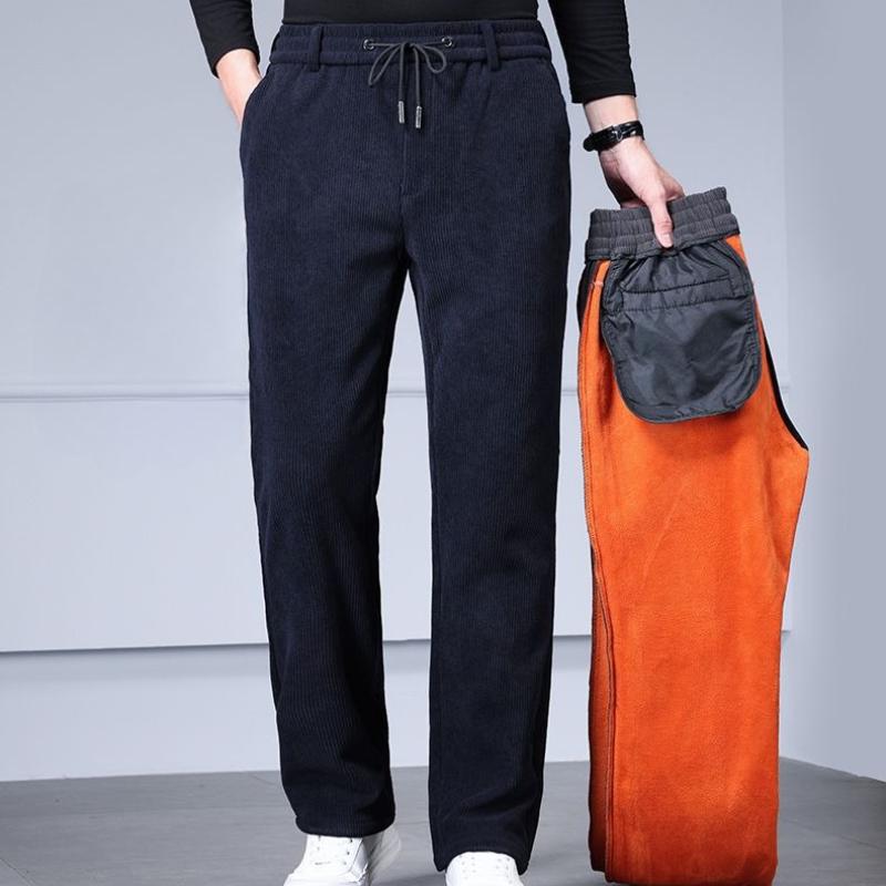 Men's Autumn Winter Fleece Lined Thickened Corduroy Casual Straight Leg Pants Loose Striped Long Pants for Middle-Aged Men