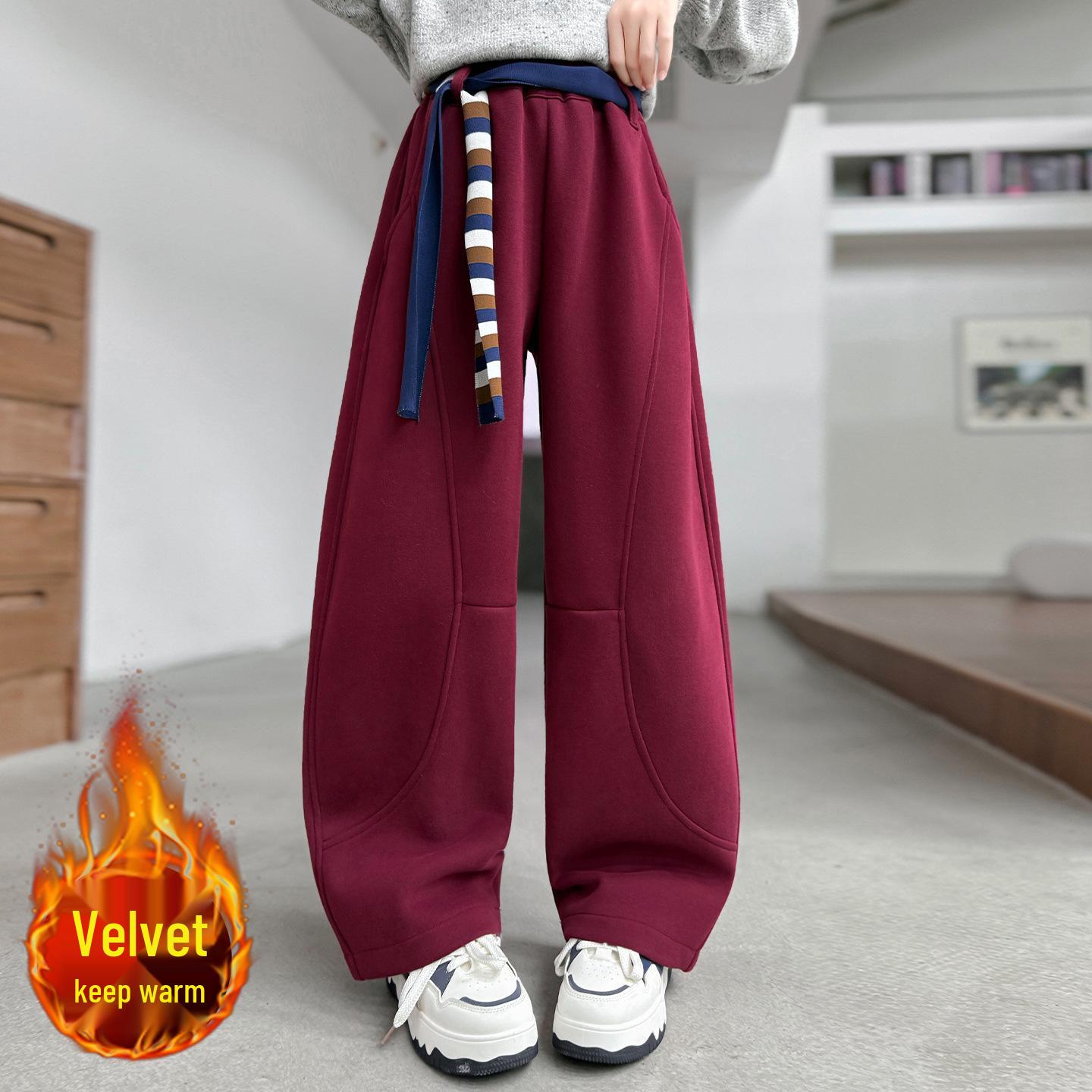 

Теплые вельветовые брюки-шаровары для девочек - Новый стиль осень/зима 2025, цельный флис, повседневные и модные для детей. 150 cm красный