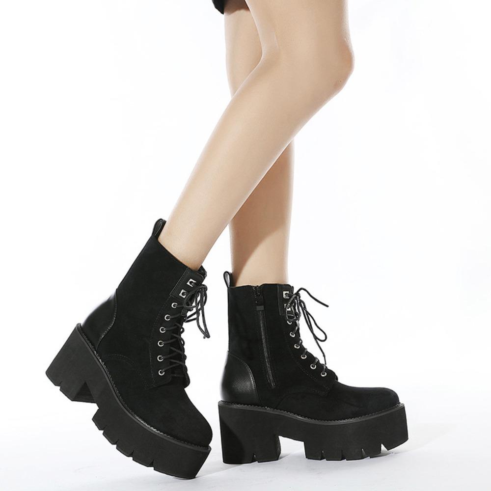 European Women Lace Up Martin Boots Suede Plain Ankle Boots British Korean Style Thick Platform Side Zipper Boots