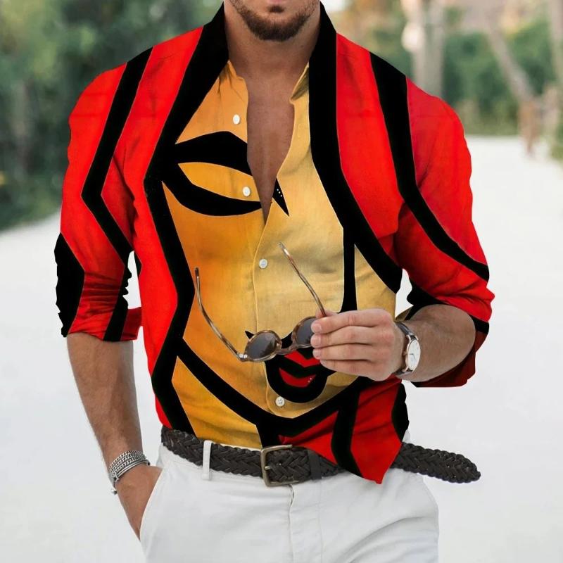 Fashion Long Sleeve Lapel Button Up Plus Size Shirt Men 3d Print Blouse