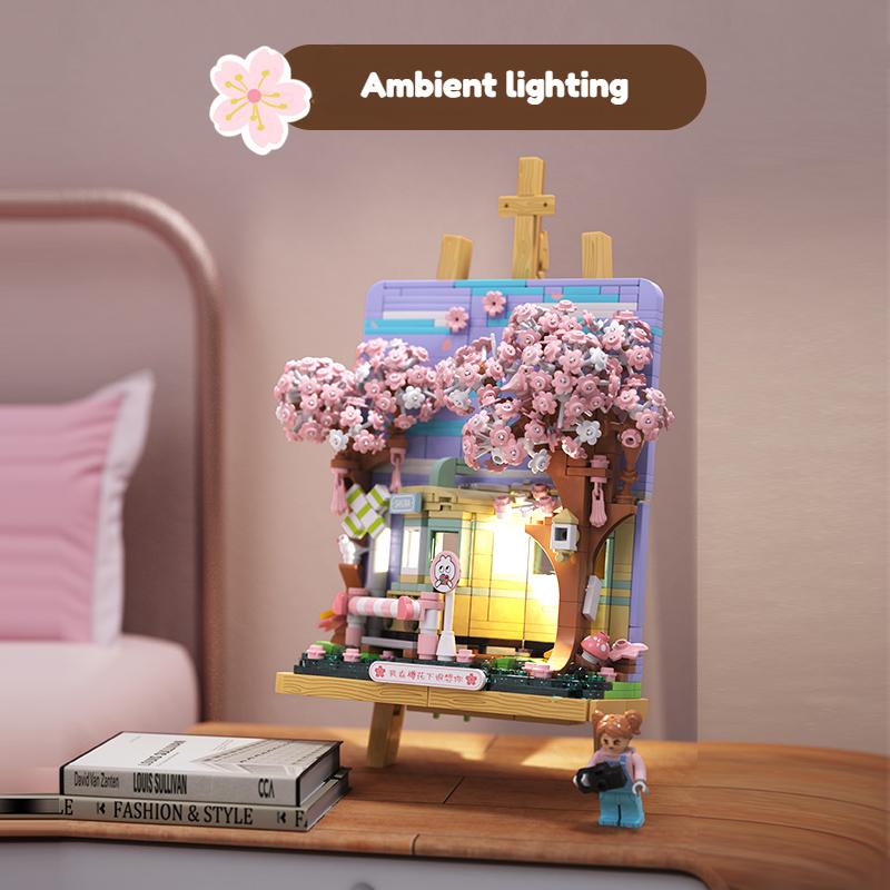 Sakura Train Building Blocks 3D Decorative Paintings Puzzle Assembly Toys Girls' Birthday Gifts Assembly Of Building Blocks