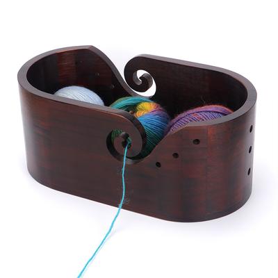 1pc Vintage Wooden Knitting Bowl -Oval Recycled Wood Yarn Storage with Dual-Sided Knitting Holes, Large Capacity Yarns Organizer