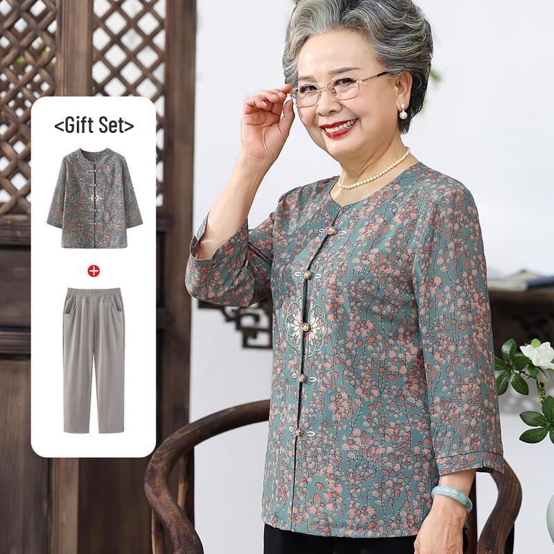 

Elderly Women s Spring/Autumn Seven-Sleeve Shirt Set 3XL