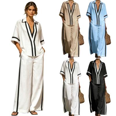 Color Block Tweedelige Sets voor Dames Korte Mouw Diepe V-hals Shirts en Wijde Pijpen Broeken Zomer Loungewear Outfits
