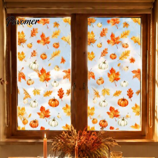 Waterproof PVC Window Art Watercolor Fall Static Clings, Maple Leaf & Pumpkin Removable Stickers, Autumn Seasonal Wall Decor Decal for Thanksgiving