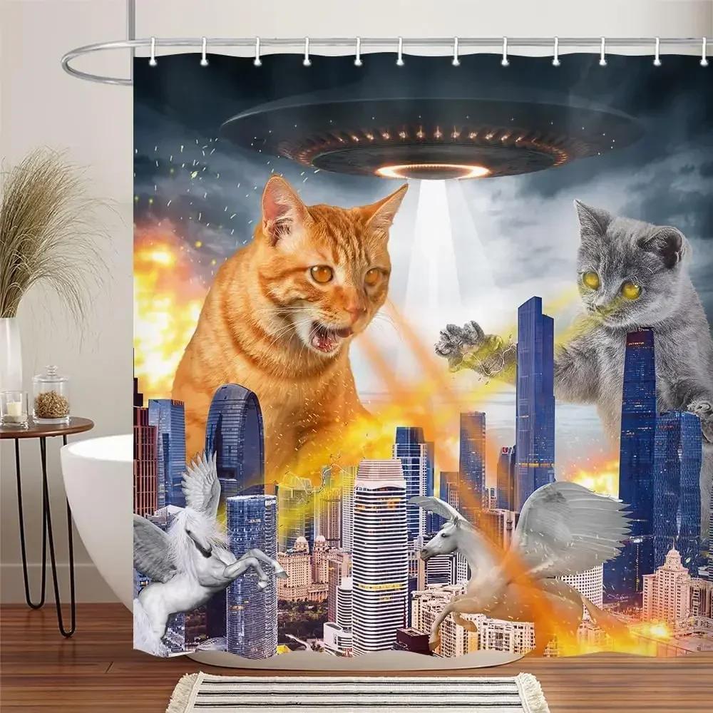 Funny Shower Curtains Bathroom Curtain With Hooks Decor Waterproof Cute Cat Dinosaur Bath Polyester Fabric