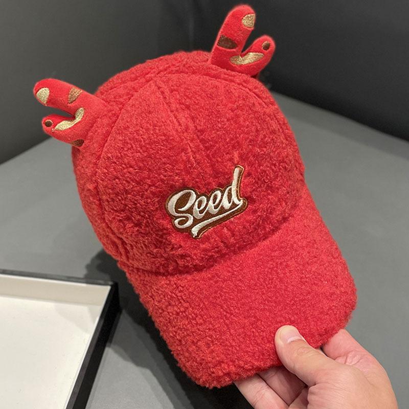 Cute Antler Hat Lamb Wool Baseball Cap Autumn and Winter Women's Versatile Sweet Warm Cartoon Cap