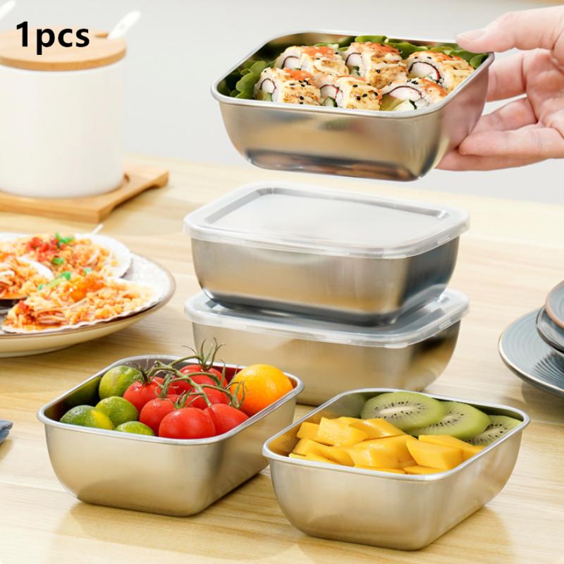 Stainless Steel Refrigerator Food Storage Box With Plastic Lid Prepare Food Freshness Preservation Box Picnic Box