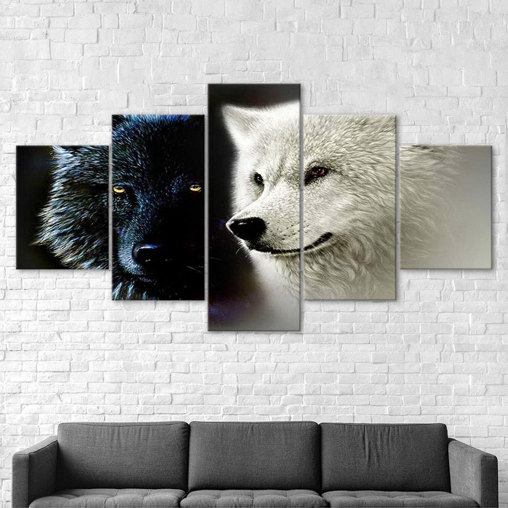 Black and White Wolves 5 Piece Canvas Wall Art Multi Panel Print Modern Wolf Wild Animal Poster Home Decor Pictures Gift For Him For Her