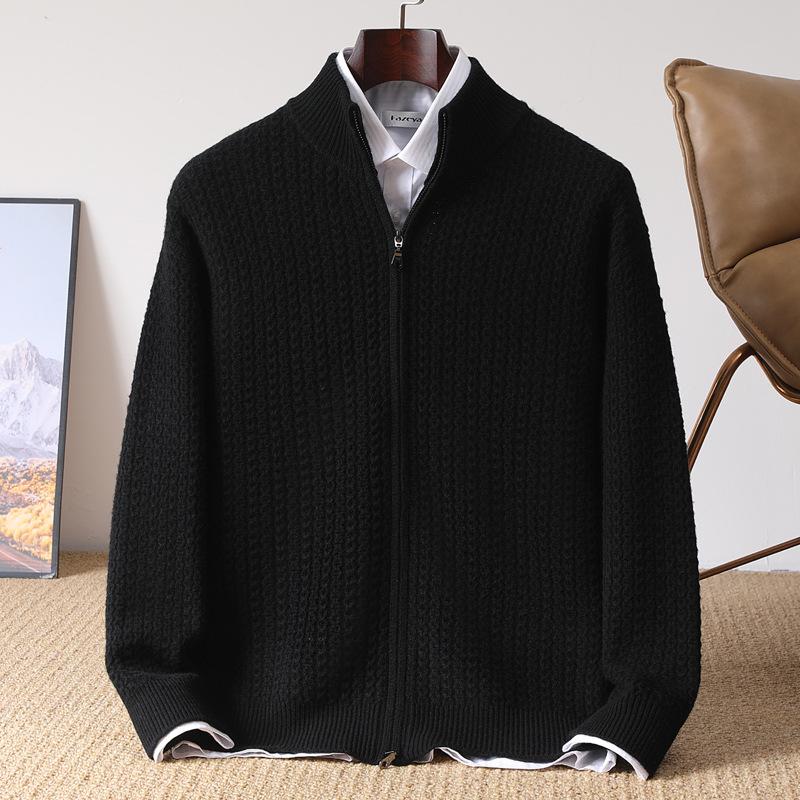 Men's 100% Pure Wool Thickened Half-High Collar Zipper Cardigan Sweater for Autumn/Winter