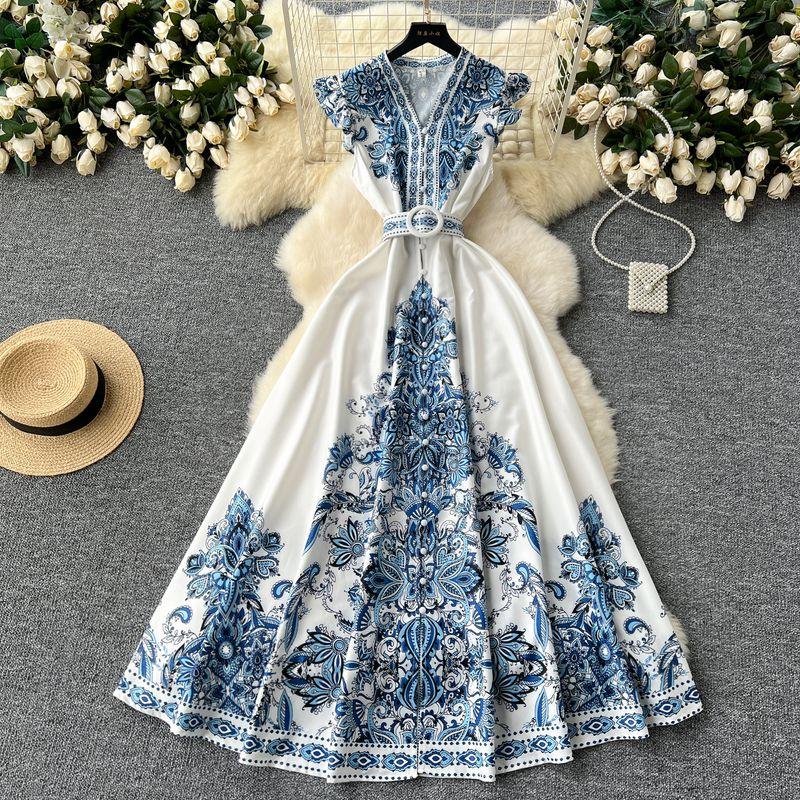 

Fashion Skirt High-End Temperament Flying Sleeve Waist-Tight V-neck Single Breasted Print Dress Skirt Retro Long Dress White L