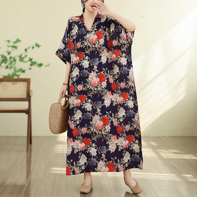 DIMANAF New 2026 Women Plus Size Summer Beach Long Dress Cotton Loose Oversize Casual Lady Maxi Vintage Print Sundress