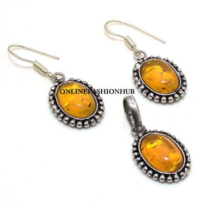 Baltic Amber Gemstone 925 Sterling Silver Plated Pendant Earring Set PES-S21