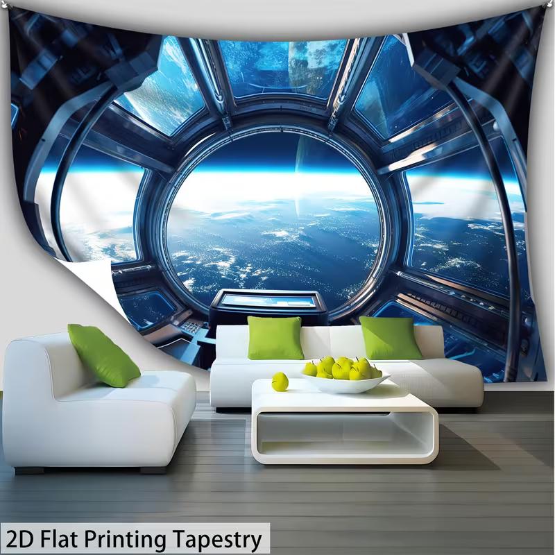 2D Astronaut Raumschiff Wandteppich Futuristischer Weltraumstations-Fensterszene für Raumdekoration