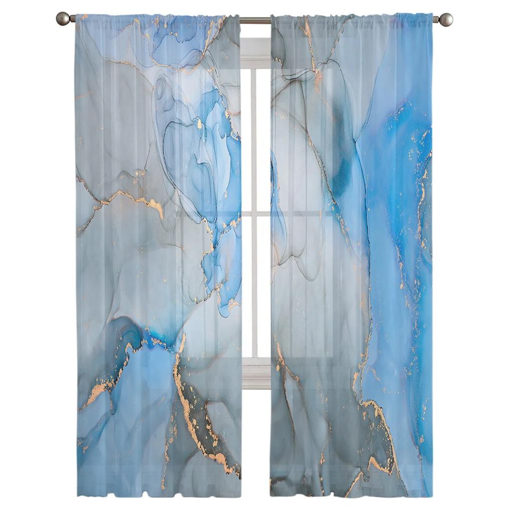 Marble Texture Watercolor Blue Gray Window Tulle Curtains For Living Room Kitchen Home Decor Sheer Voile Curtains