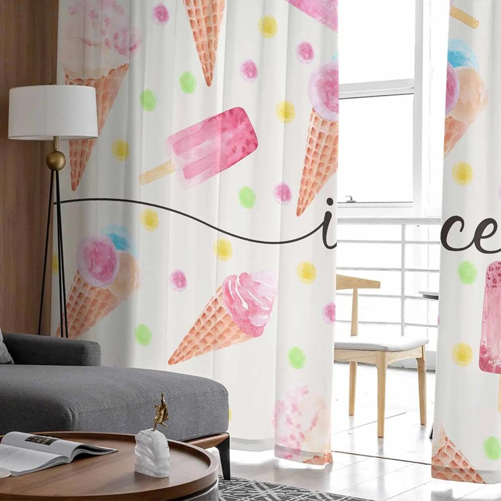 Summer Ice Cream Watercolor Texture Sheer Curtains For Living Room Kitchen Window Curtains Bedroom Tulle Voile Curtains