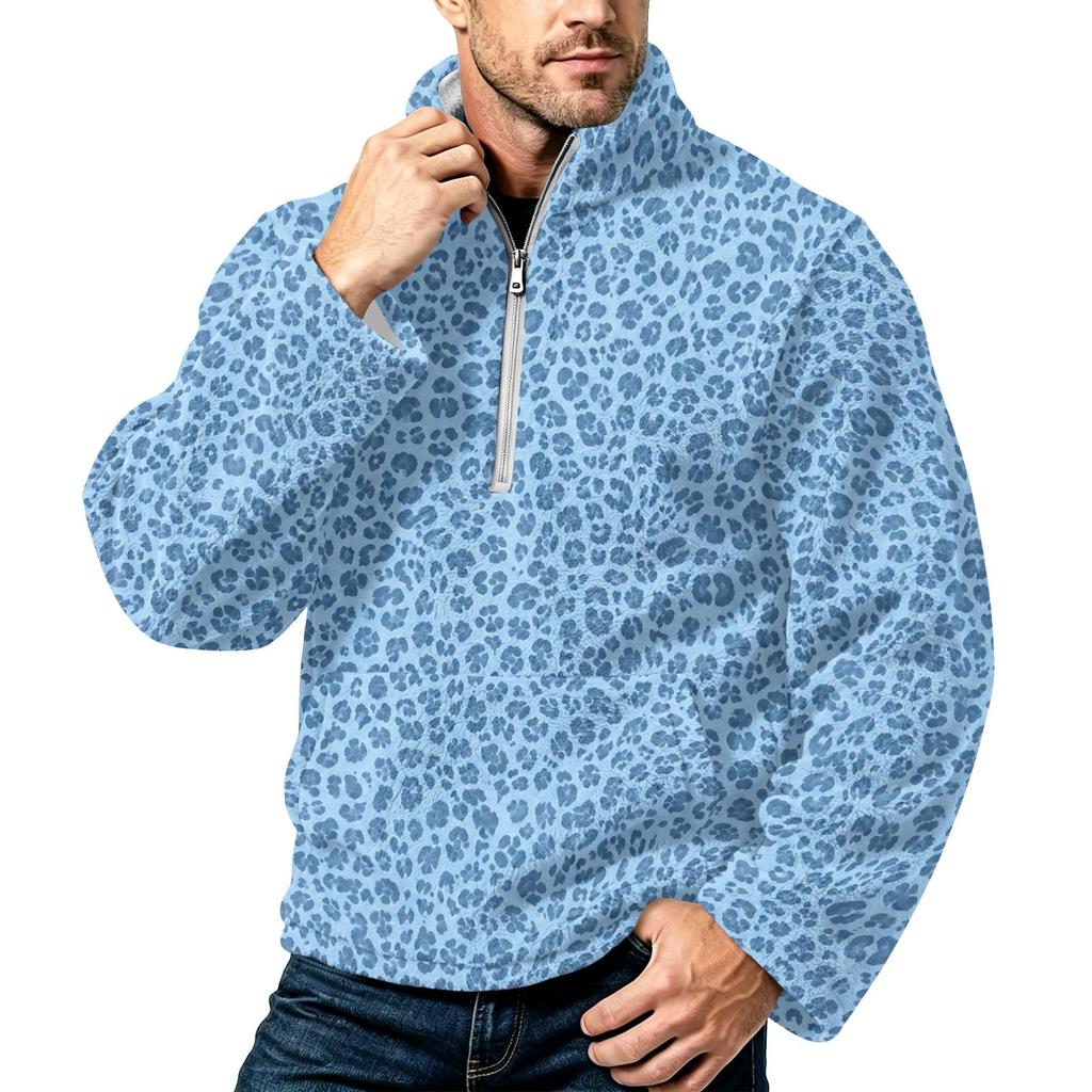Men's Leopard Print Flannel Zip-Up Sweatshirt, Plus Size Stand Collar Trendy Casual Top for Fall Winter