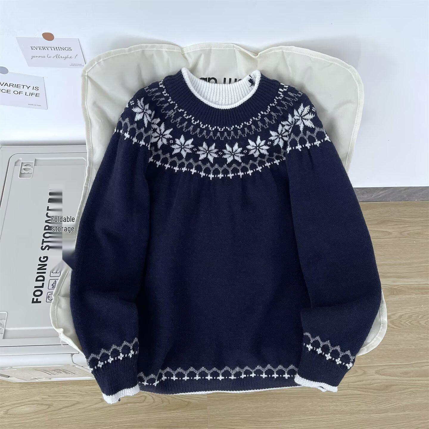 

Men s Trendy Retro Snowflake Knit Sweater - Round Neck, Loose Fit, Warm Style for Autumn/Winter M темно-синього кольору