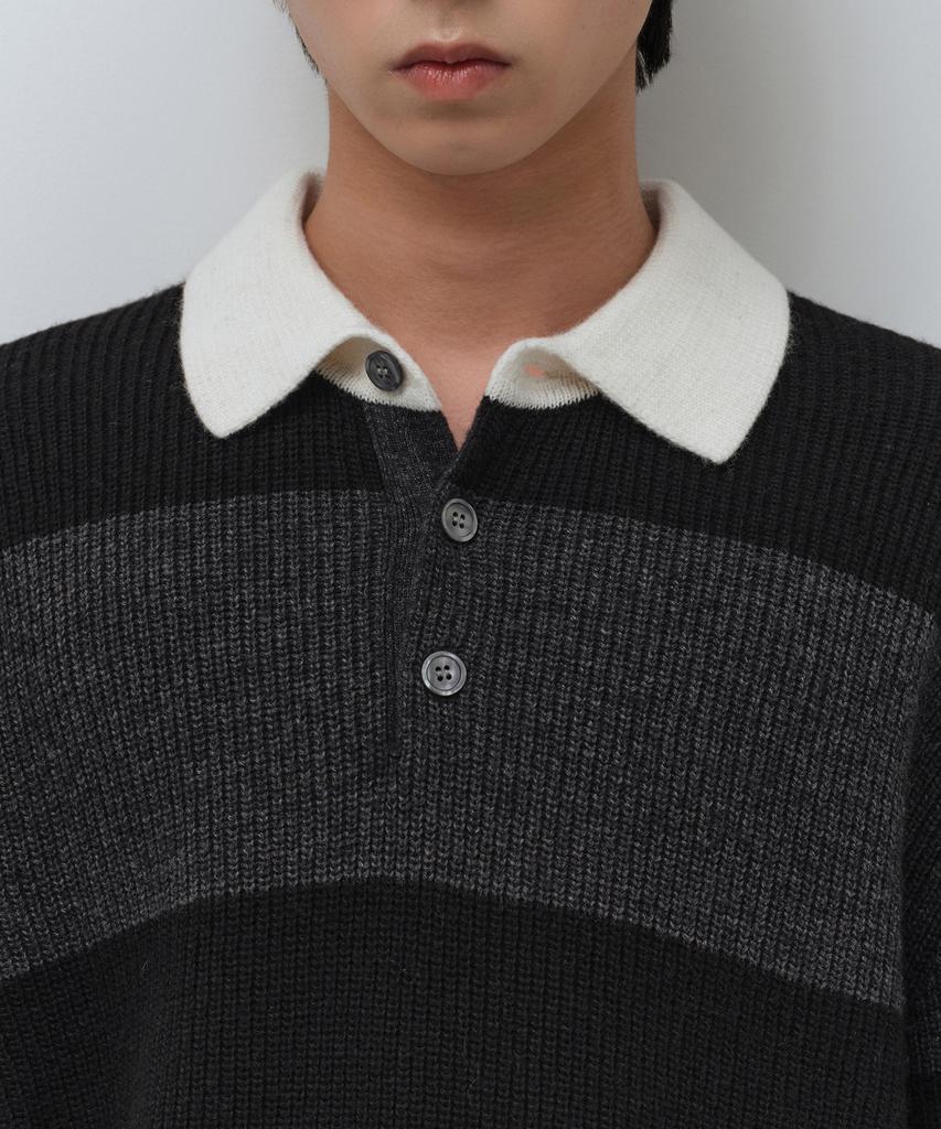 MUSINSA STANDARD Ribbed Stripe Rugby Knit [Black/Melange Grey]