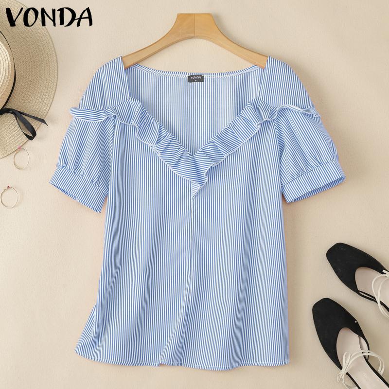 VONDA Women Summer Ruffled V Neck Short Sleeve Striped Casual T-shirts Tops