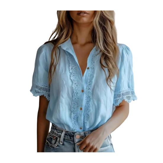 

Women Shirt Lapel Short Sleeve Lace Splicing Shirt Tops Pure Color Loose Fit Casual Shirt Daily Wear 2XL светло-синий