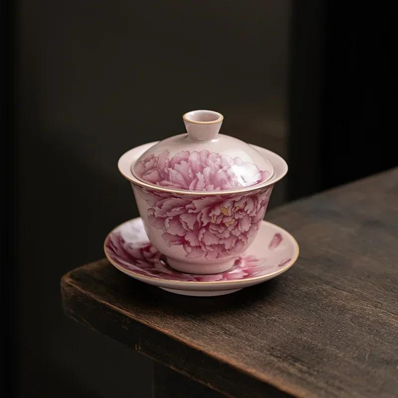 Peony Ru Yao Porcelain Gaiwan Set For Tea Tureen Teaware Cup Chinese Pink Ceramic Opening Tea Bowls Chawan Tea Ceramony