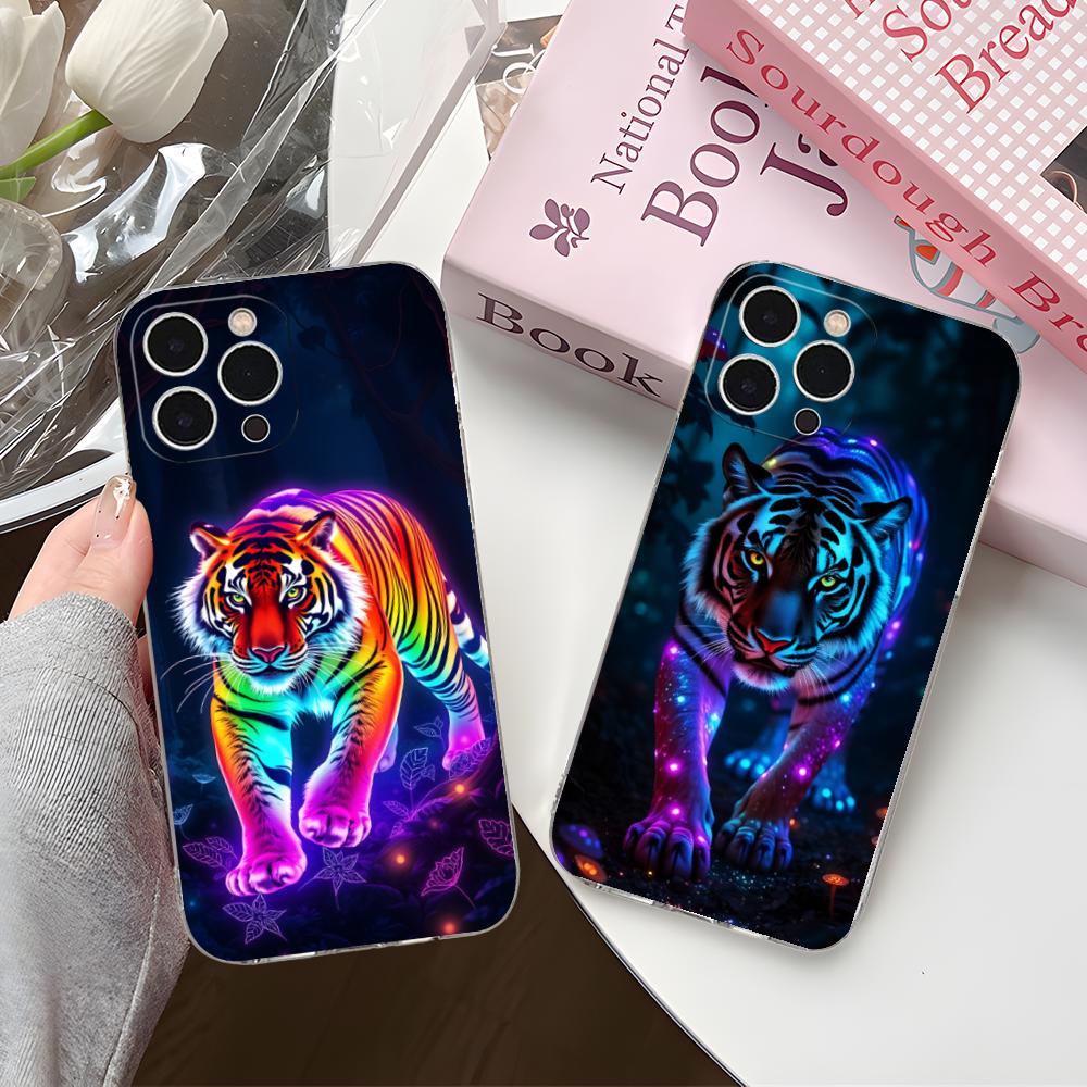 Tiger Neon Mobile Cell Phone Case for iPhone 17 16 15 14 13 12 11 X XR XS Air Pro Max Plus Mini Clear Colorful Cover Cover