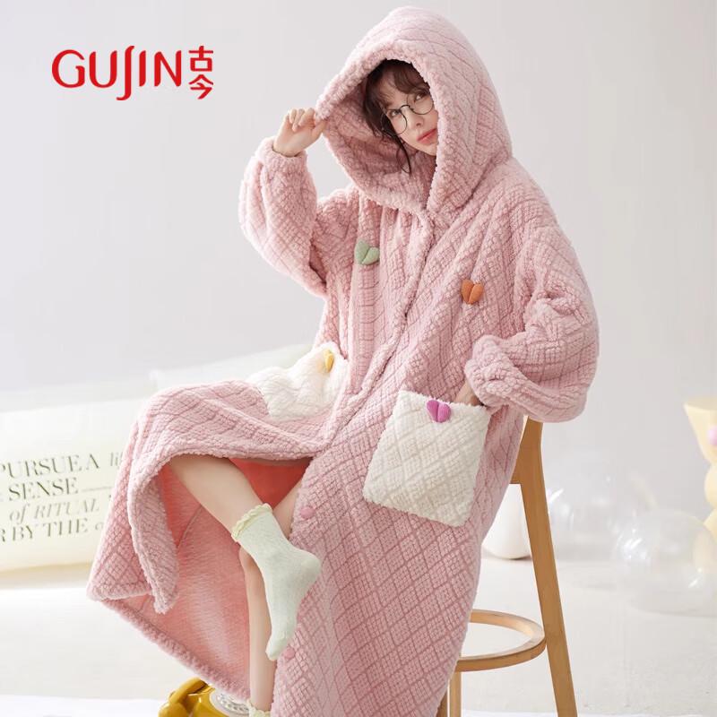 GUJIN Women s Thickened Coral Fleece Hooded Bathrobe One Size (Fits 50-70kg)