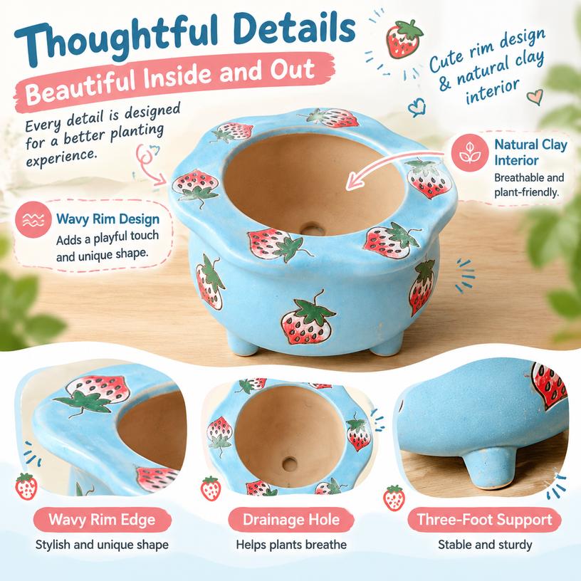 Korean Style Hand-Painted Strawberry Ceramic Flower Pot