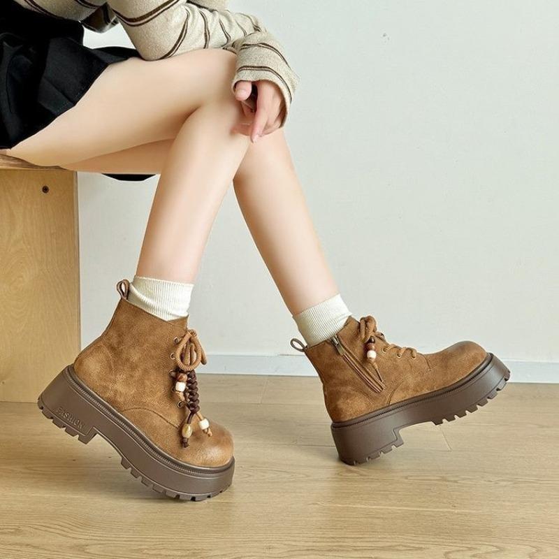 Retro Plateau-Martin-Stiefel für Damen, Herbst, neue Mode, Maillard, schlanke kurze Stiefel, Lokomotiv-Rhabarber-Stiefel