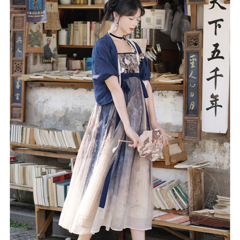 

Летний повседневный костюм с короткими рукавами и грудью в китайском стиле Ханфу с каллиграфическим принтом и вышивкой